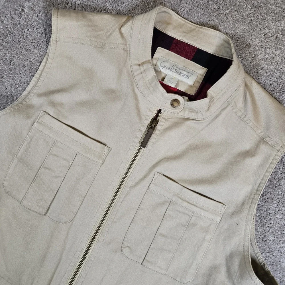 Guide Series GS Explorer Traveler Vest Mens XL Beige Plaid Lined Utility Pockets